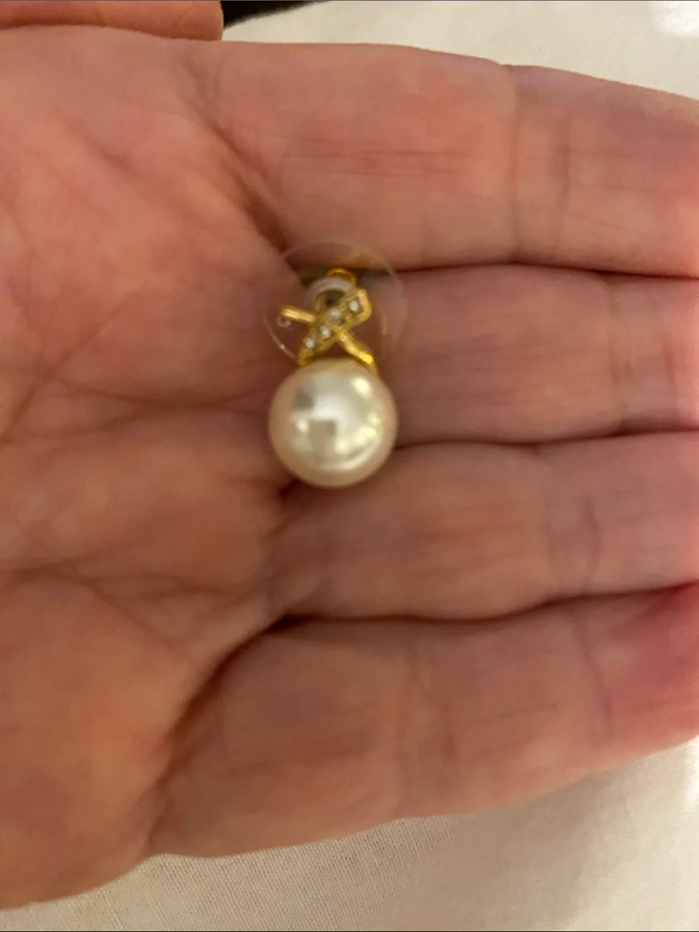 Talbots Gold Pearl Stud Earrings - White - Gold - Faux Diamond Accents - Picture 2 of 4